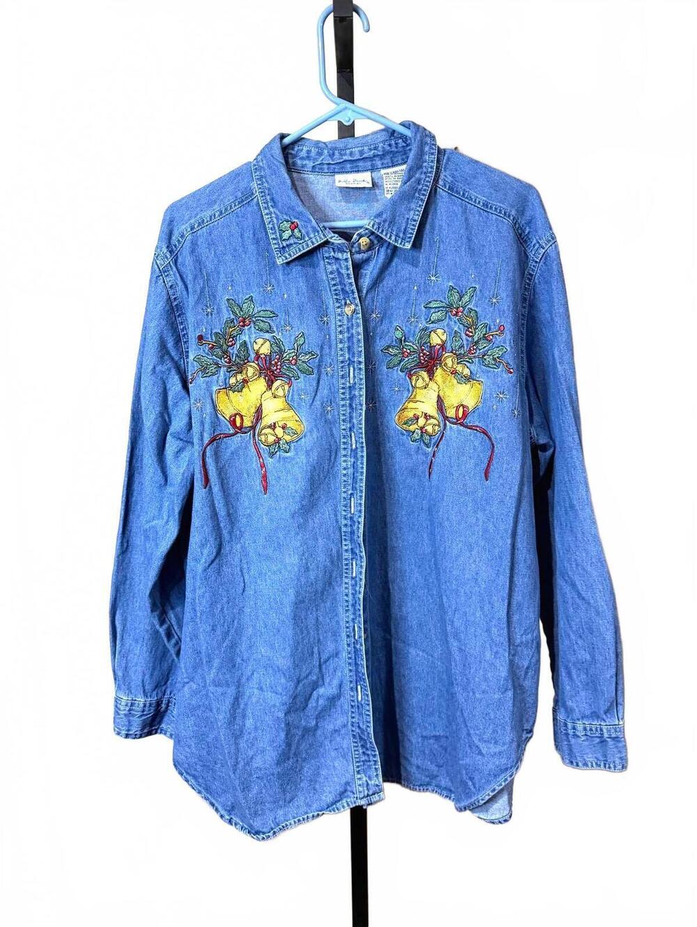 Vintage Women's Denim Shirt Jacket with Embroidered Bells and Holly 18/20W